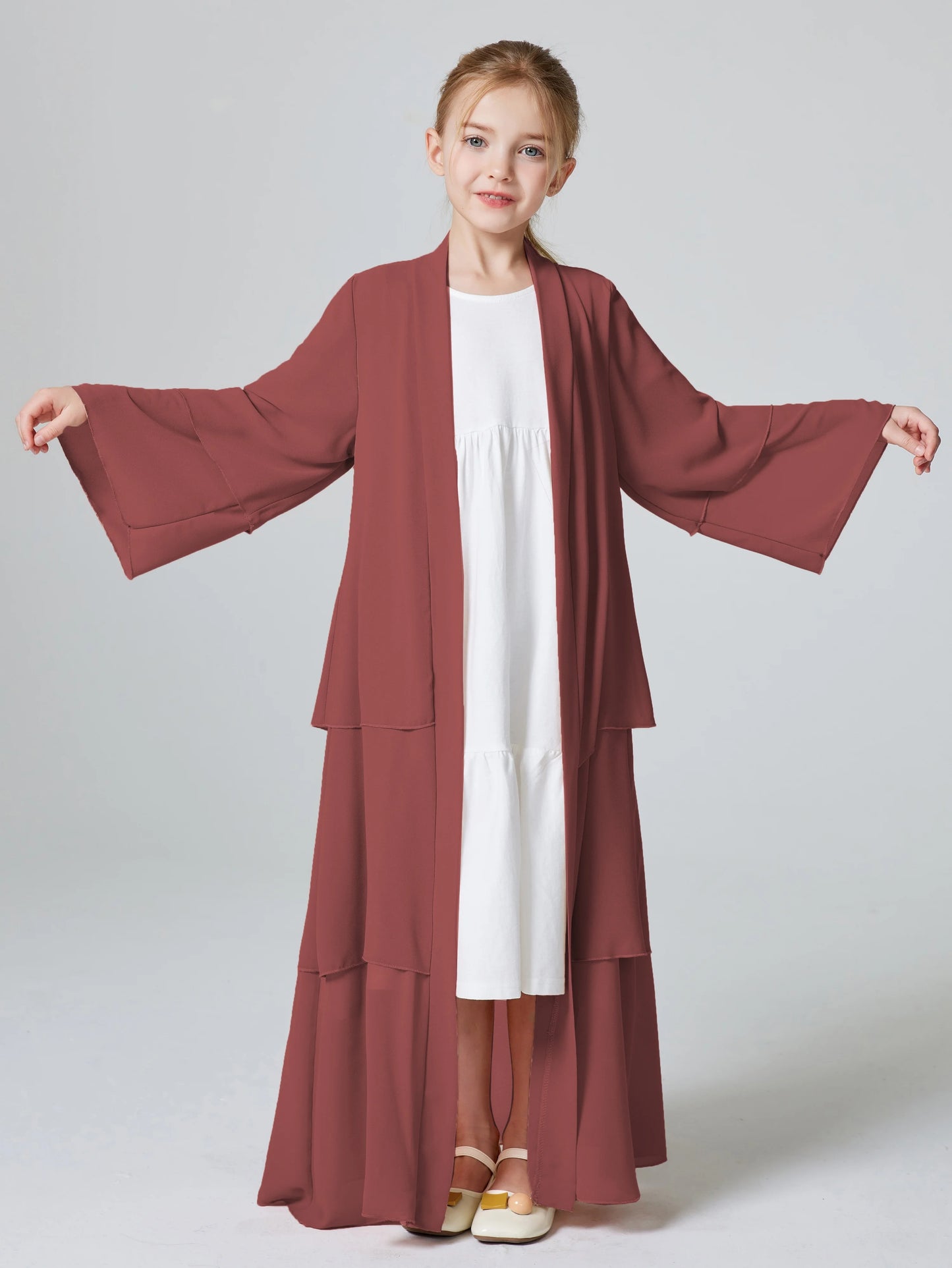 Ramadan Kebaya Muslim Girls Abaya 3 Layered Chiffon Kids Abaya Dress Open Front Outerwear (Without Hijab)