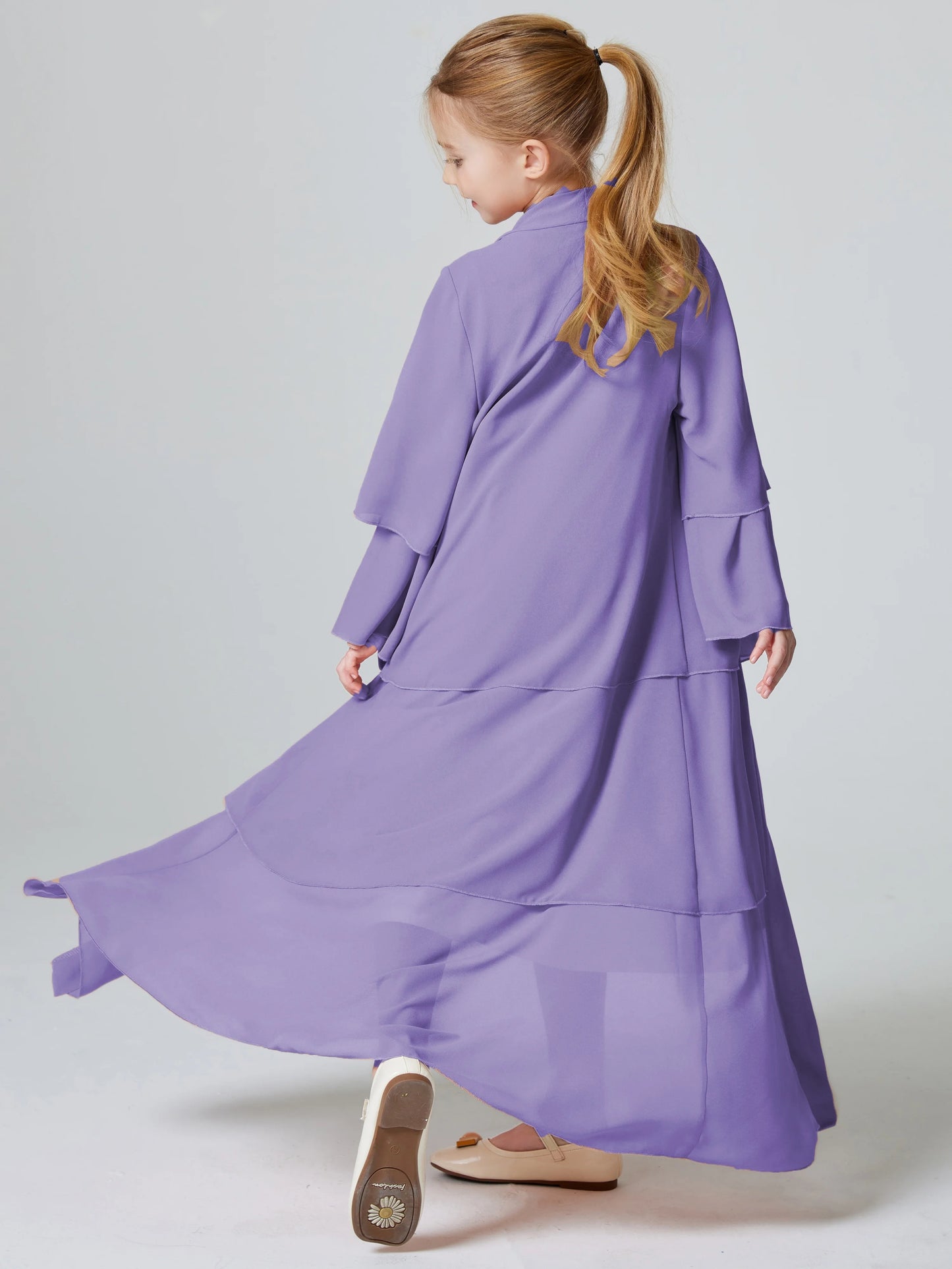 Ramadan Kebaya Muslim Girls Abaya 3 Layered Chiffon Kids Abaya Dress Open Front Outerwear (Without Hijab)