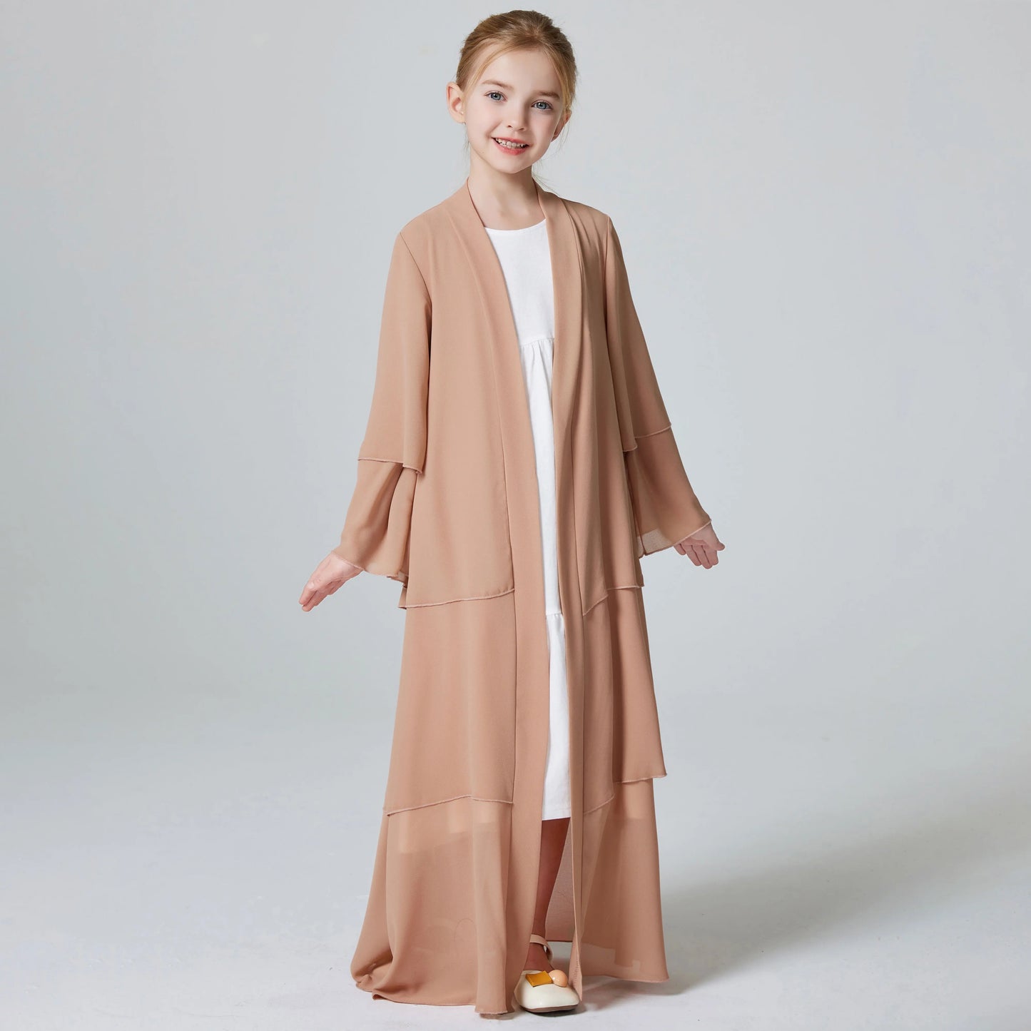 Ramadan Kebaya Muslim Girls Abaya 3 Layered Chiffon Kids Abaya Dress Open Front Outerwear (Without Hijab)