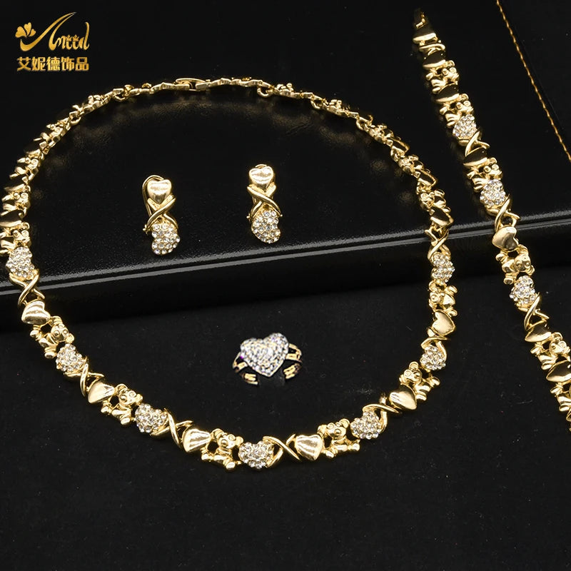 Indian African Jewelry Set Wedding Dubai Gold Color Bridal XOXO Necklace Bracelets Earrings Moroccan Nigerian Jewellery Sets