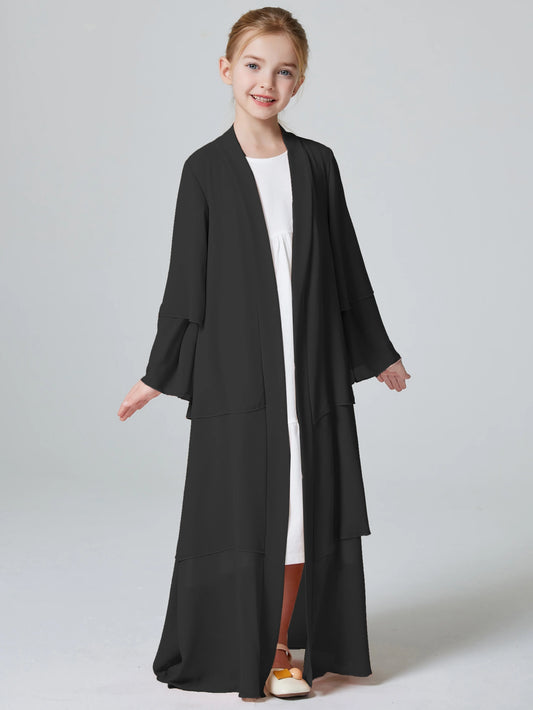 Ramadan Kebaya Muslim Girls Abaya 3 Layered Chiffon Kids Abaya Dress Open Front   Outerwear (Without Hijab)