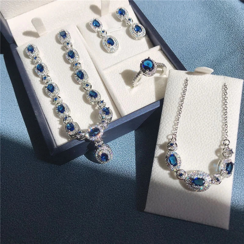 Blue Zirconia Women Jewelry Sets 925 Sterling Silver Wedding Bridal Costume Jewellery Earrings Rings Bracelets Pendant Necklace