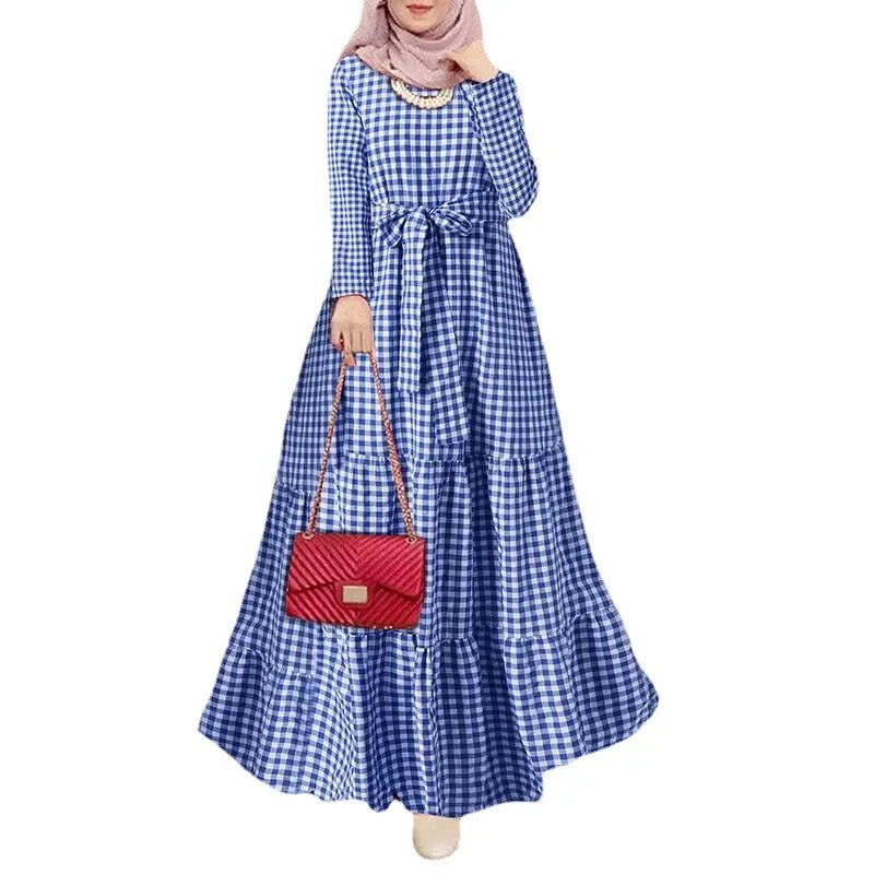 Muslim Women Dress Plaid Printing Vestidos Jalabiya Long Robe Ramadan Morocco Dubai Abayas Kaftan Islam Arab Sashes Eid Dresses