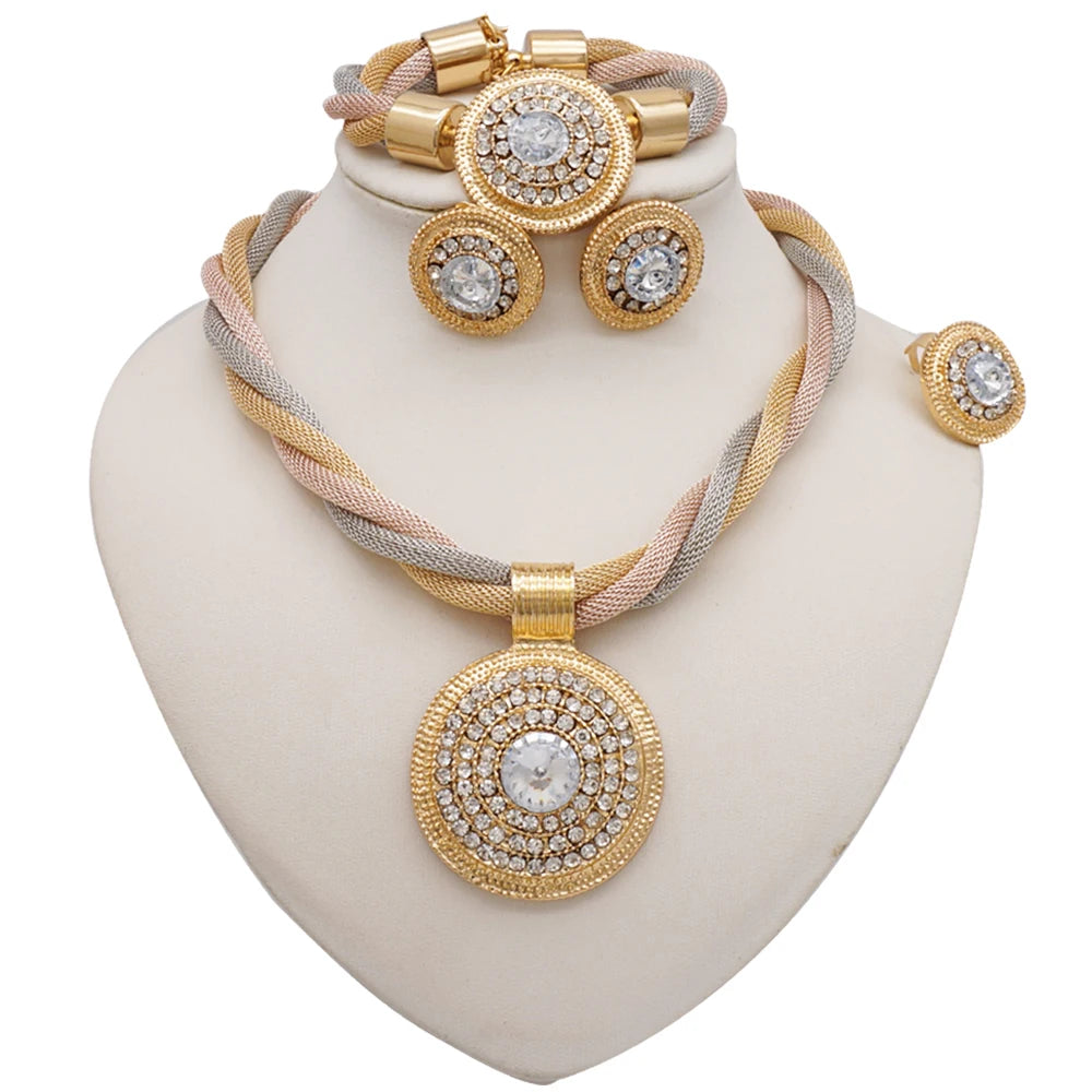 Fashion Elegant Round Pendant Necklace Jewelry Sets Luxury Crystal Dubai Bride Wedding Party Gift Jewellery Accessories