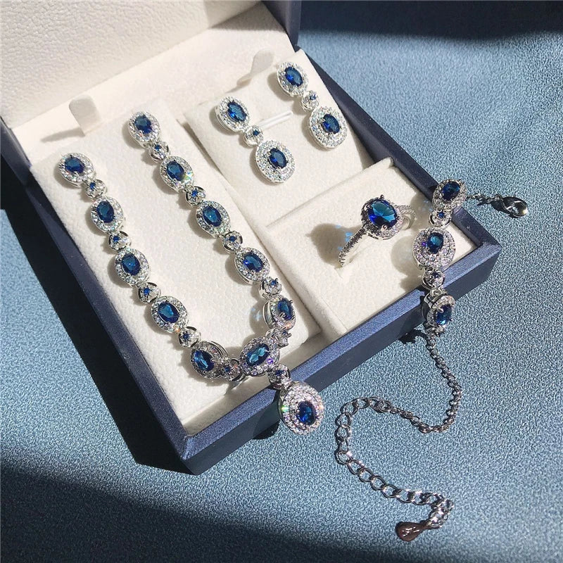 Blue Zirconia Women Jewelry Sets 925 Sterling Silver Wedding Bridal Costume Jewellery Earrings Rings Bracelets Pendant Necklace