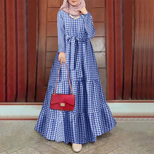 Muslim Women Dress Plaid Printing Vestidos Jalabiya Long Robe Ramadan Morocco Dubai Abayas Kaftan Islam Arab Sashes Eid Dresses