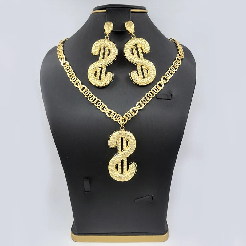 Dubai Necklace Earrings For Women Dollar Euro Pendant Brazilian Jewelry Set Wedding Gift Trendy Party Engagement Jewellery