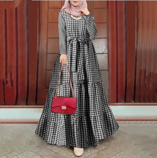 Muslim Women Dress Plaid Printing Vestidos Jalabiya Long Robe Ramadan Morocco Dubai Abayas Kaftan Islam Arab Sashes Eid Dresses