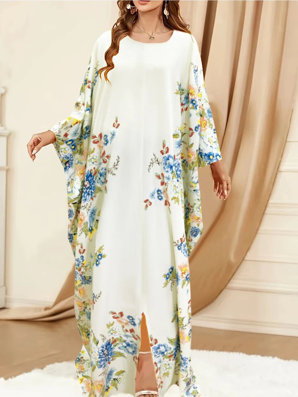 Eid Women Muslim Dress Abaya Bat Sleeve Print Loose Caftan Vestidos Largos Jalabiya Ramadan Dubai Kaftan Arab Long Robe 2025