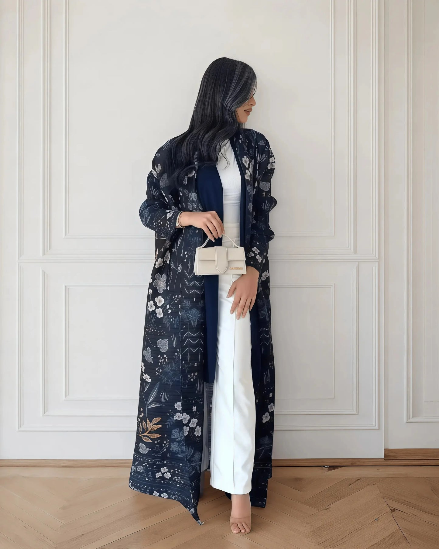 Autumn Women's Long Coat, Retro Printed Long Sleeved Muslim Abaya Saudi Fashion Wrinkled Waist Belt