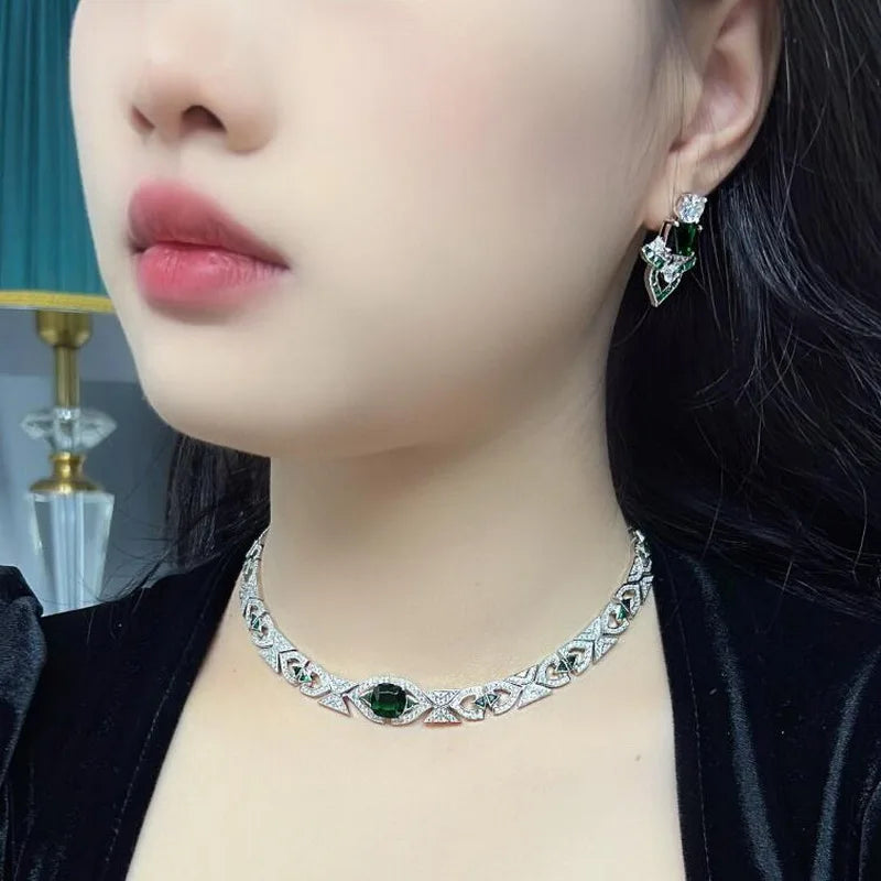 Designer Collection Stud Earrings Necklace Women Lady Inlay Cubic Zircon Plated Gold Color Synthetic Emerald High-end Jewellery