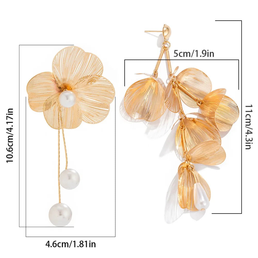 Ear Studs Flower Long Hanging Earrings Trendy Metal Petal Earrings Studs Elegant Retro Ginkgo Leaf Hollow Earrings Hipster