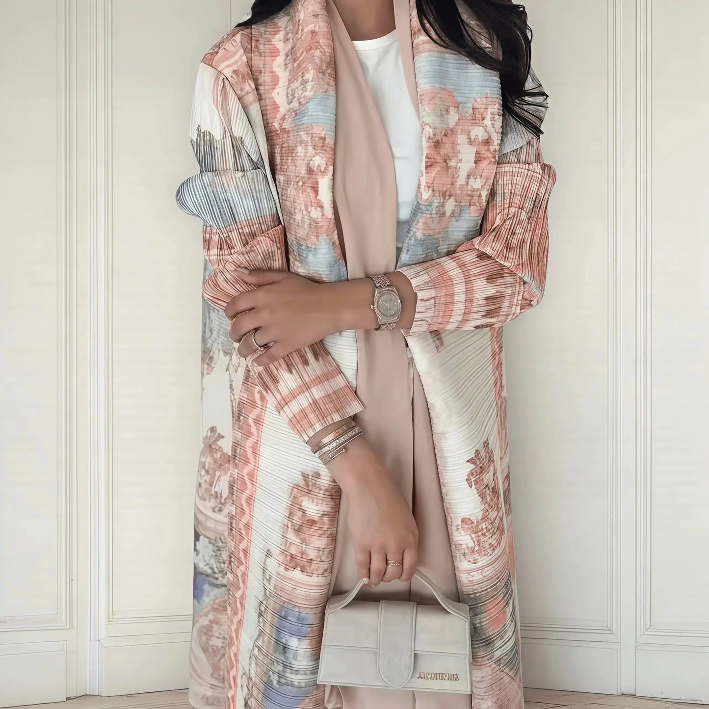 Autumn Women's Long Coat, Retro Printed Long Sleeved Muslim Abaya Saudi Fashion Wrinkled Waist Belt