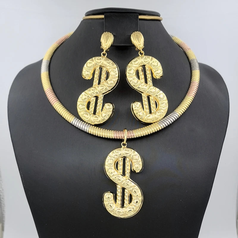 Dubai Necklace Earrings For Women Dollar Euro Pendant Brazilian Jewelry Set Wedding Gift Trendy Party Engagement Jewellery