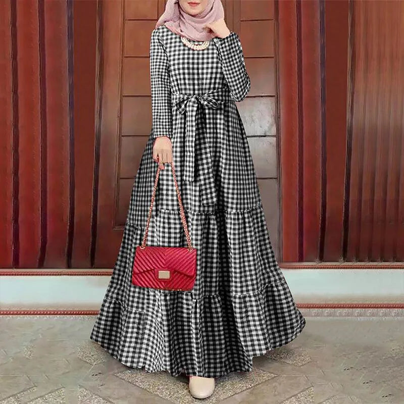 Muslim Women Dress Plaid Printing Vestidos Jalabiya Long Robe Ramadan Morocco Dubai Abayas Kaftan Islam Arab Sashes Eid Dresses