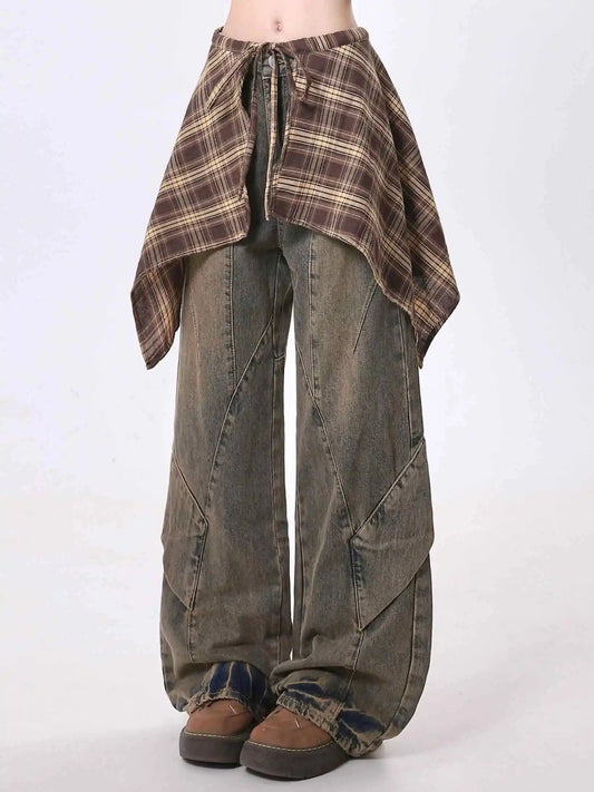 Women Blue Y2k Jeans with Skirt Harajuku Vintage Baggy Denim Trousers Japanese 2000s Style Oversize Jean Long Pants Clothes New
