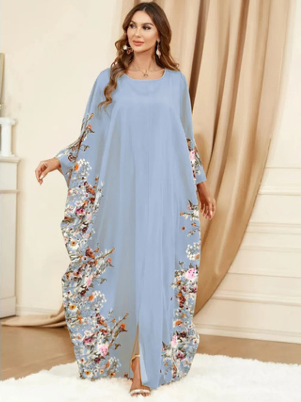 Eid Women Muslim Dress Abaya Bat Sleeve Print Loose Caftan Vestidos Largos Jalabiya Ramadan Dubai Kaftan Arab Long Robe 2025