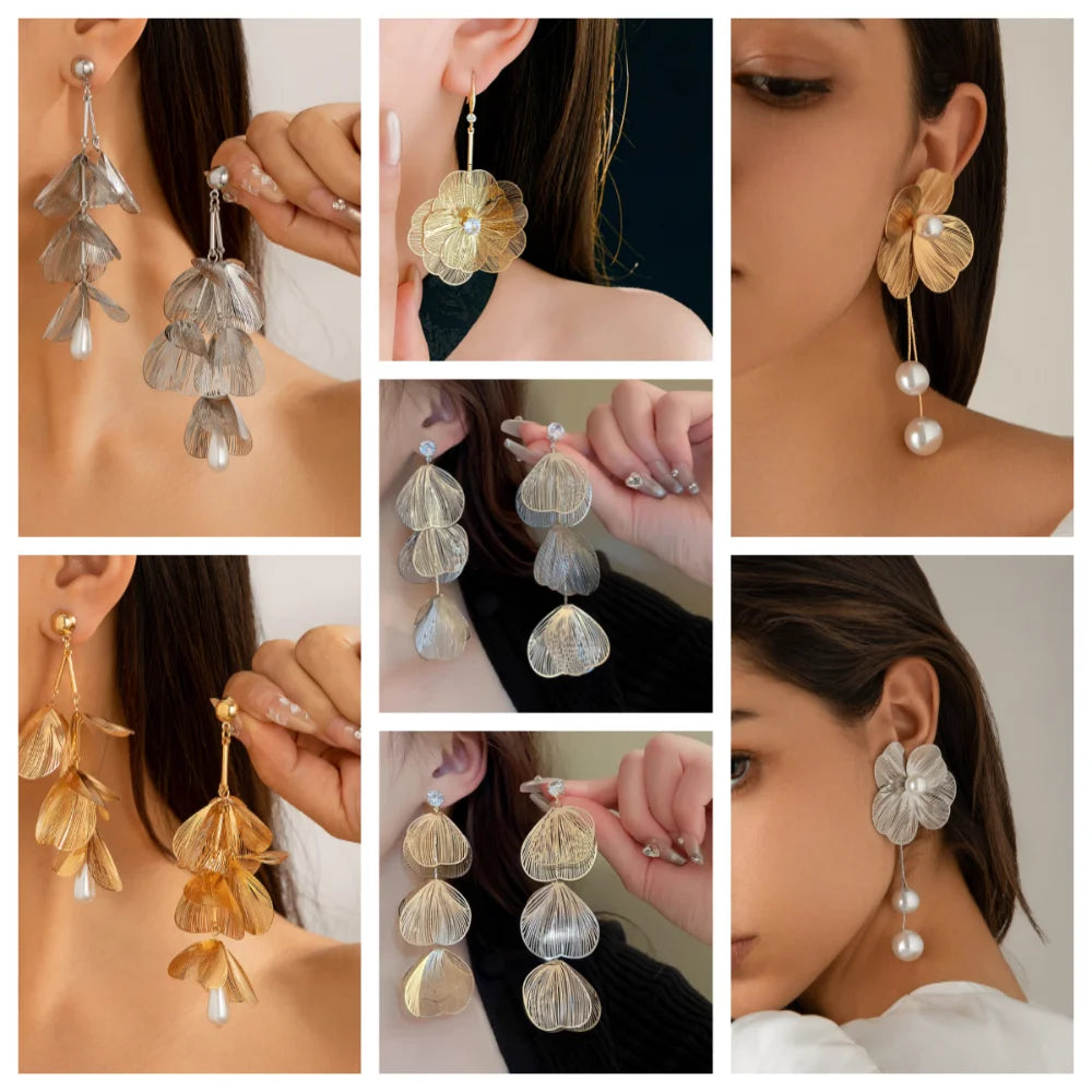 Ear Studs Flower Long Hanging Earrings Trendy Metal Petal Earrings Studs Elegant Retro Ginkgo Leaf Hollow Earrings Hipster