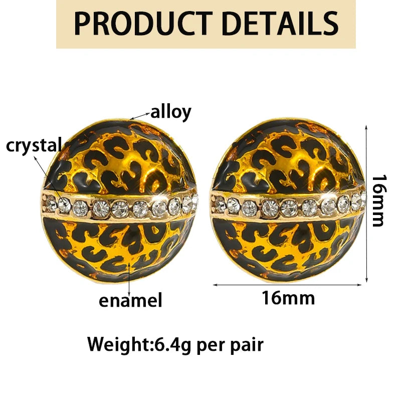2025 New Arrival Enamel Leopard Clip on Earrings for Women High-quality Rhinestone Geometric Round Dome Stud Jewelry Accessories