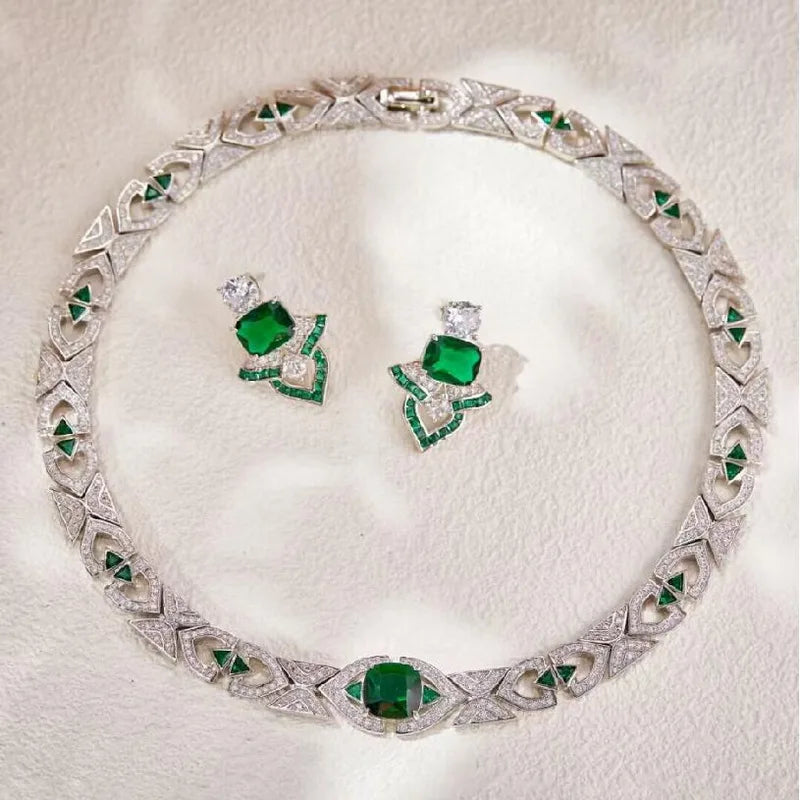 Designer Collection Stud Earrings Necklace Women Lady Inlay Cubic Zircon Plated Gold Color Synthetic Emerald High-end Jewellery