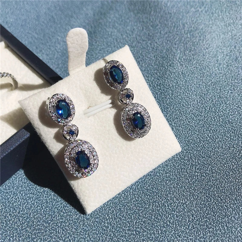 Blue Zirconia Women Jewelry Sets 925 Sterling Silver Wedding Bridal Costume Jewellery Earrings Rings Bracelets Pendant Necklace
