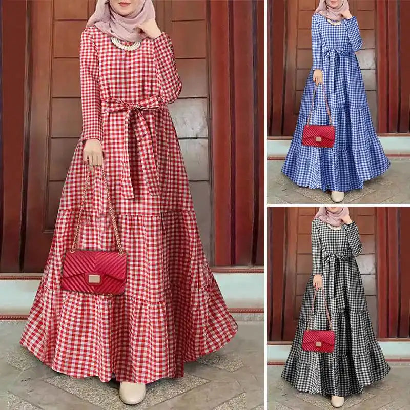 Muslim Women Dress Plaid Printing Vestidos Jalabiya Long Robe Ramadan Morocco Dubai Abayas Kaftan Islam Arab Sashes Eid Dresses