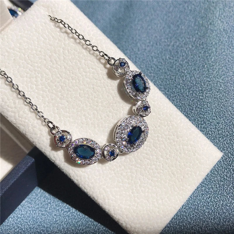 Blue Zirconia Women Jewelry Sets 925 Sterling Silver Wedding Bridal Costume Jewellery Earrings Rings Bracelets Pendant Necklace