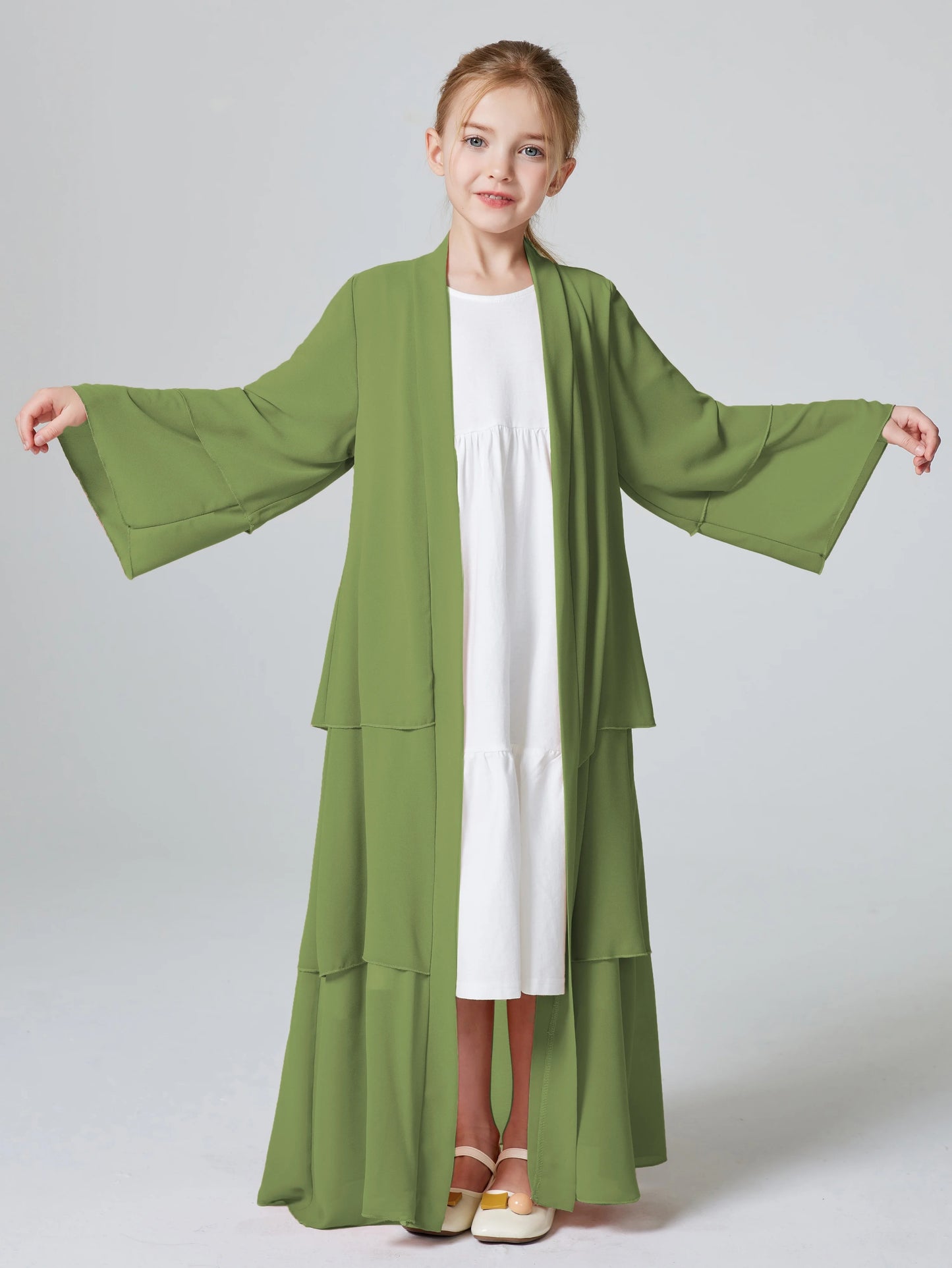 Ramadan Kebaya Muslim Girls Abaya 3 Layered Chiffon Kids Abaya Dress Open Front   Outerwear (Without Hijab)