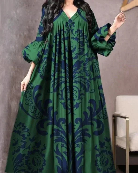 V-neck Loose Muslim Abayas for Women Vintage Printed Long Dress Women Breathable Middle Eastern Robe Casual Long Sleeve Abaya