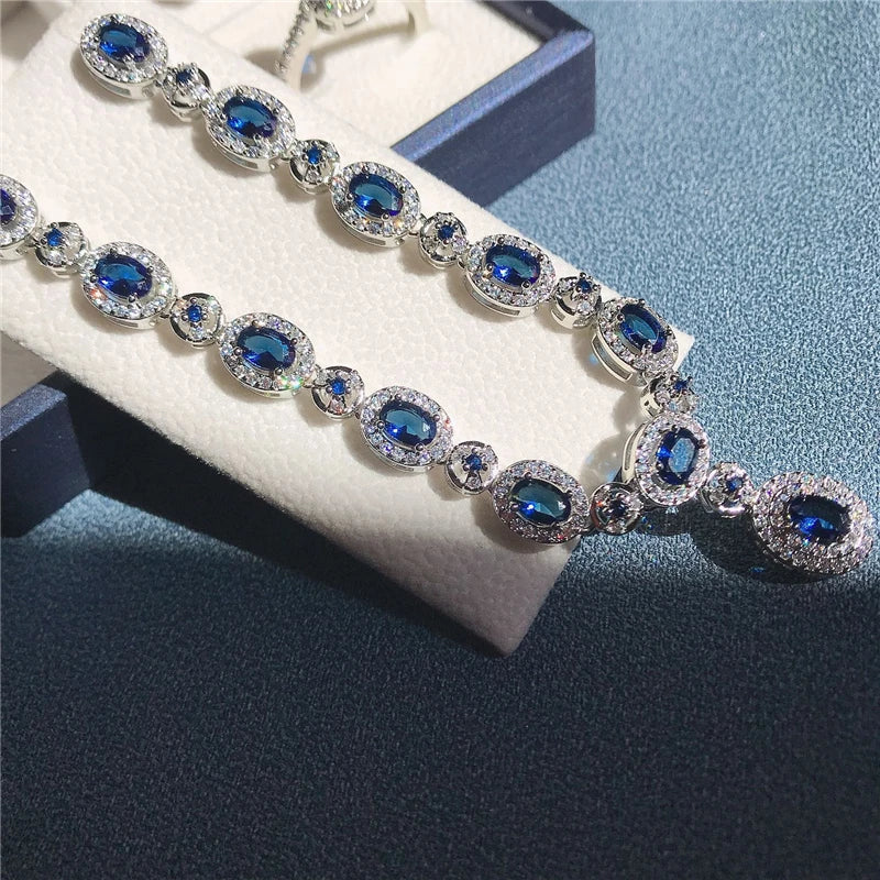 Blue Zirconia Women Jewelry Sets 925 Sterling Silver Wedding Bridal Costume Jewellery Earrings Rings Bracelets Pendant Necklace