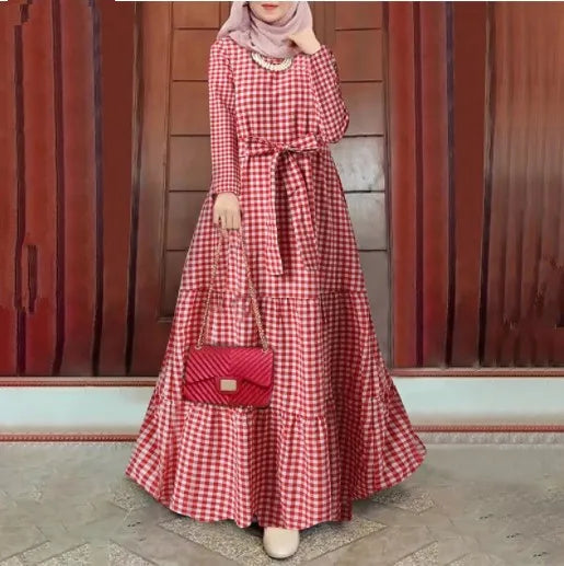 Muslim Women Dress Plaid Printing Vestidos Jalabiya Long Robe Ramadan Morocco Dubai Abayas Kaftan Islam Arab Sashes Eid Dresses