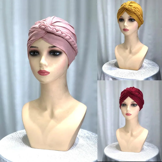 2024 New Monochrome Side Braid Headscarf Headscarf Solid Color Versatile Soft Headscarf Cap