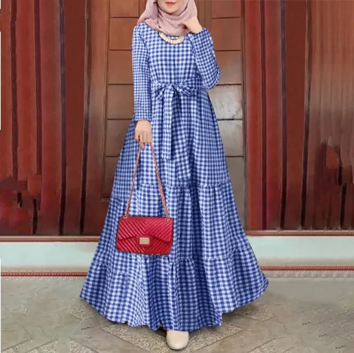 Muslim Women Dress Plaid Printing Vestidos Jalabiya Long Robe Ramadan Morocco Dubai Abayas Kaftan Islam Arab Sashes Eid Dresses