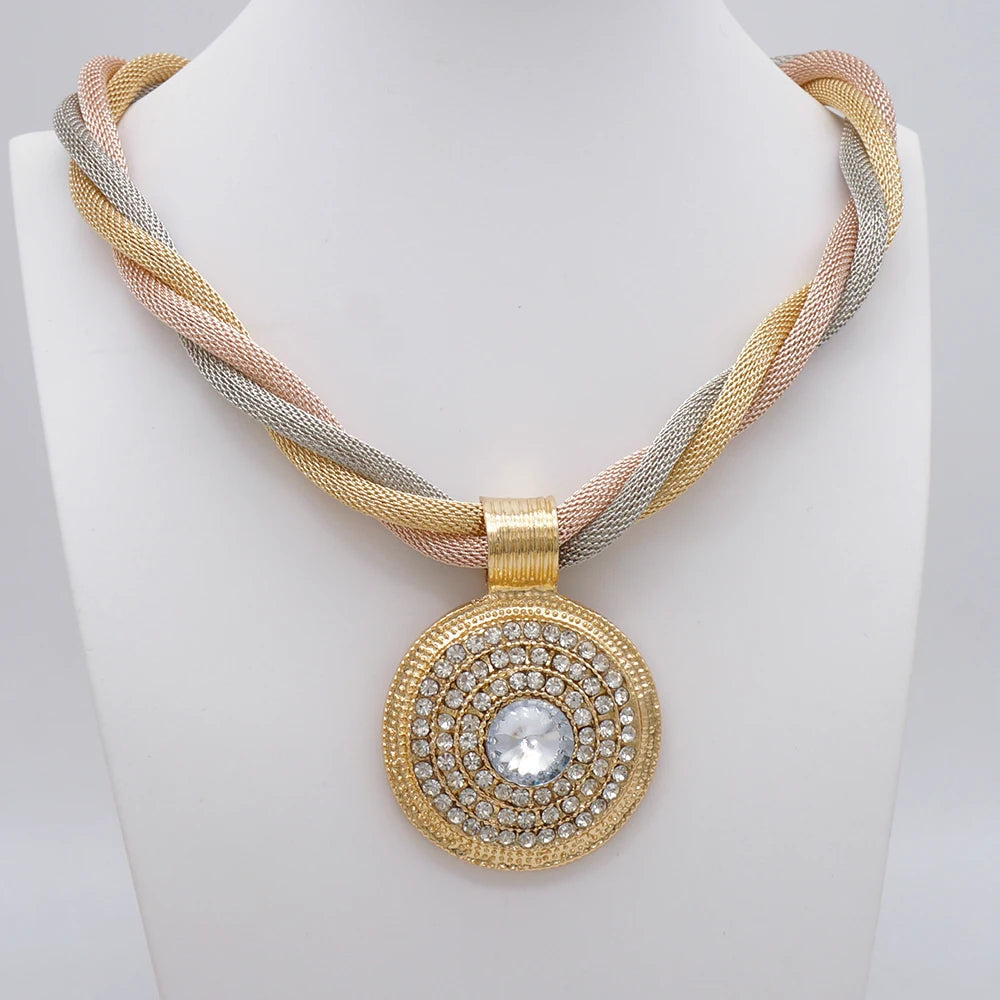 Fashion Elegant Round Pendant Necklace Jewelry Sets Luxury Crystal Dubai Bride Wedding Party Gift Jewellery Accessories