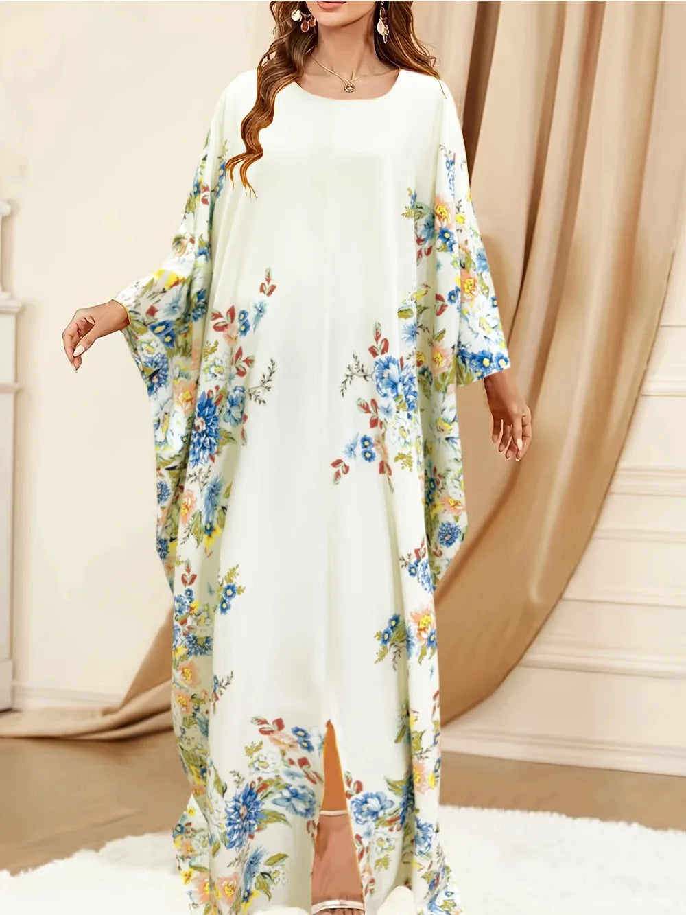 Eid Women Muslim Dress Abaya Bat Sleeve Print Loose Caftan Vestidos Largos Jalabiya Ramadan Dubai Kaftan Arab Long Robe 2025