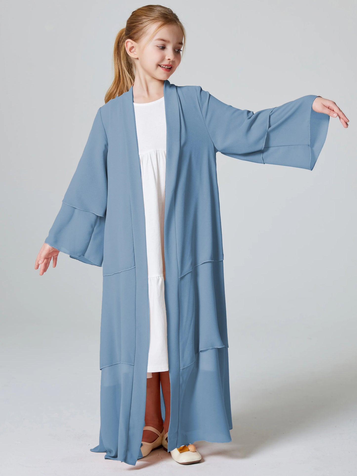 Ramadan Kebaya Muslim Girls Abaya 3 Layered Chiffon Kids Abaya Dress Open Front   Outerwear (Without Hijab)