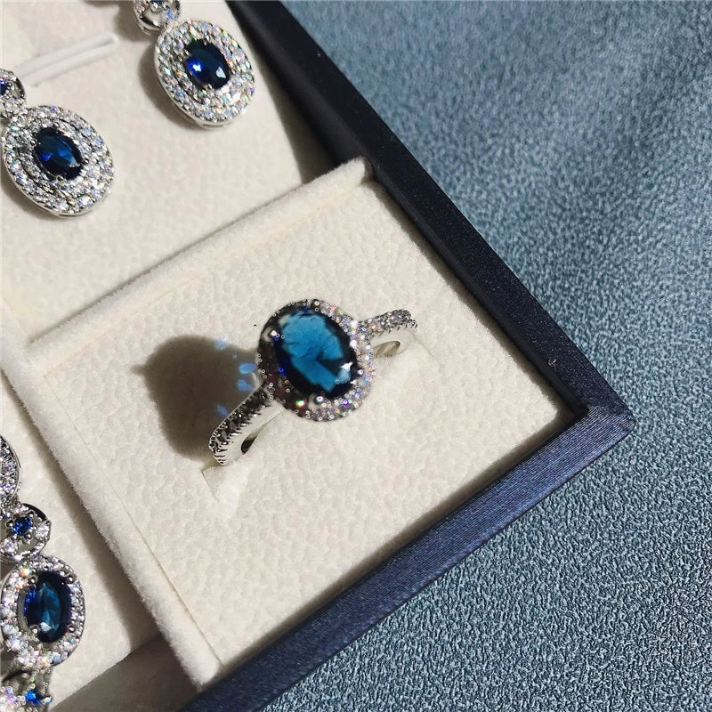 Blue Zirconia Women Jewelry Sets 925 Sterling Silver Wedding Bridal Costume Jewellery Earrings Rings Bracelets Pendant Necklace