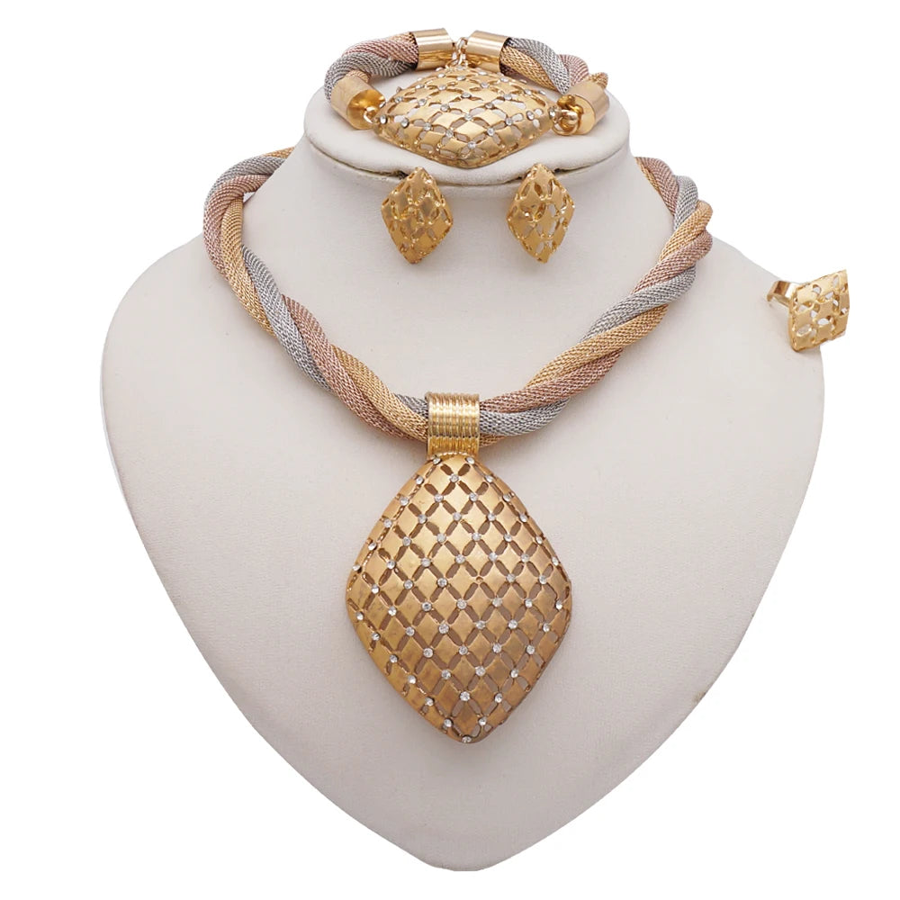 Fashion Elegant Round Pendant Necklace Jewelry Sets Luxury Crystal Dubai Bride Wedding Party Gift Jewellery Accessories
