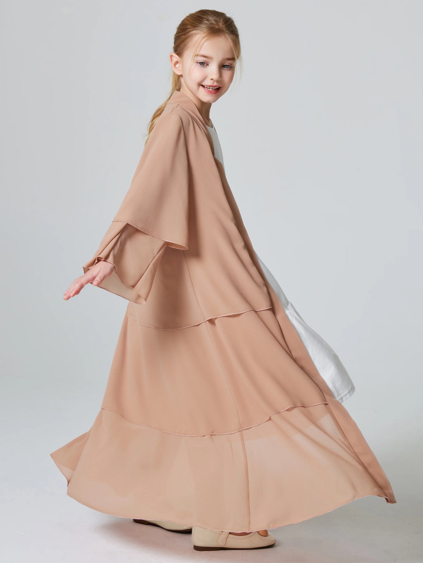 Ramadan Kebaya Muslim Girls Abaya 3 Layered Chiffon Kids Abaya Dress Open Front   Outerwear (Without Hijab)