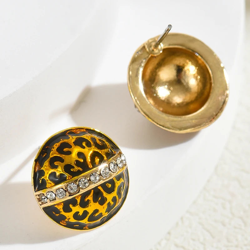 2025 New Arrival Enamel Leopard Clip on Earrings for Women High-quality Rhinestone Geometric Round Dome Stud Jewelry Accessories